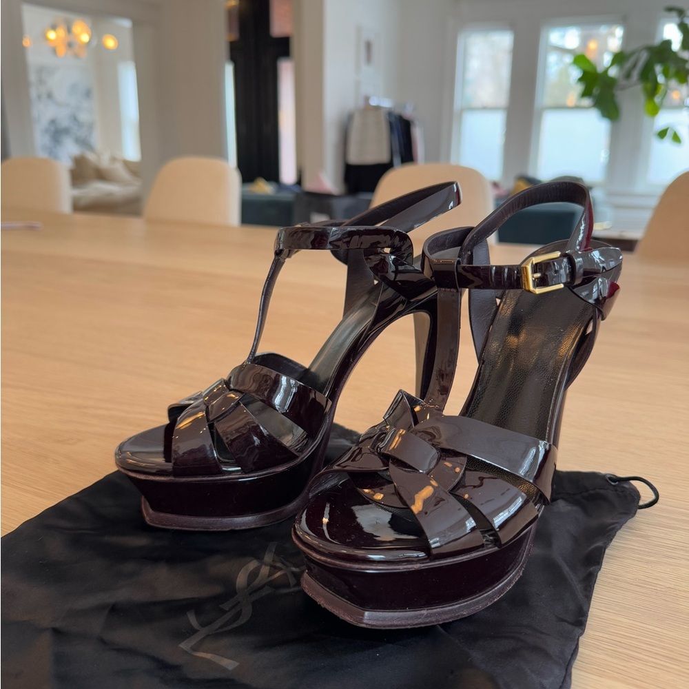 Saint Laurent Paris Burgundy Patent Leather Tribute Sandals
